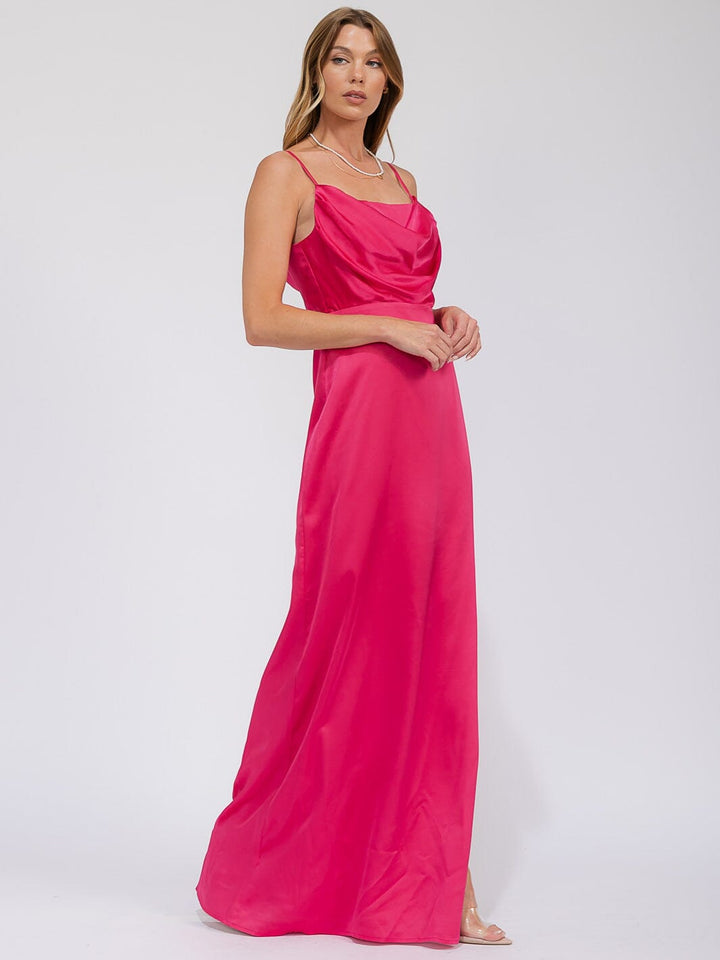 WOMEN'S SLEEVELESS COWL NECK SIDE SLIT MAXI GOWN DRESS