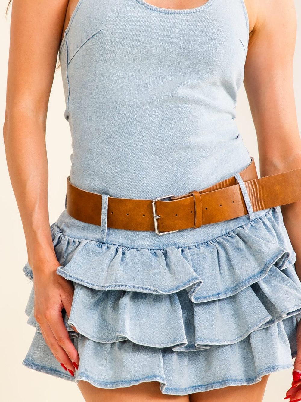 WOMEN'S SLEEVELESS HALTER NECK OPEN BACK BELTED RUFFLE DENIM MINI DRESS