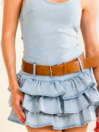 WOMEN'S SLEEVELESS HALTER NECK OPEN BACK BELTED RUFFLE DENIM MINI DRESS