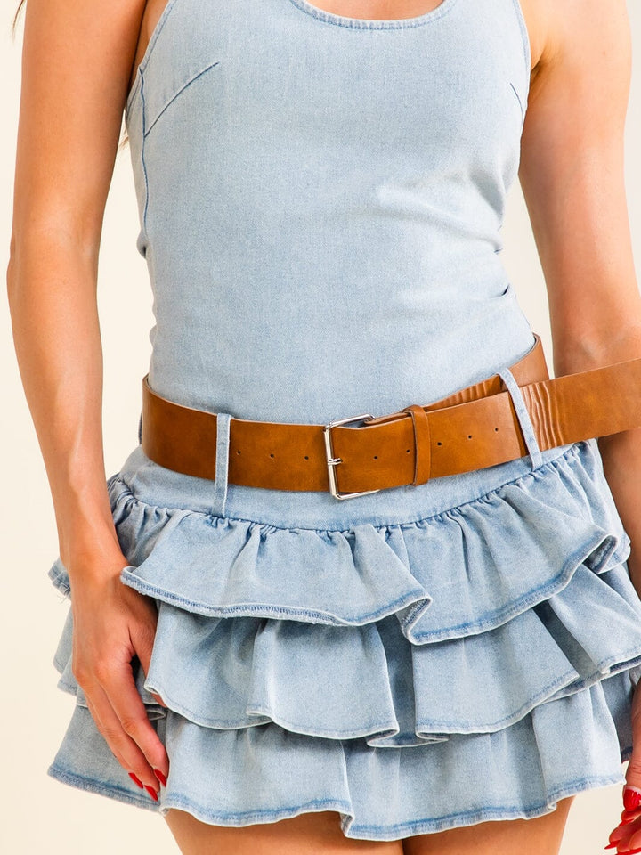 WOMEN'S SLEEVELESS HALTER NECK OPEN BACK BELTED RUFFLE DENIM MINI DRESS