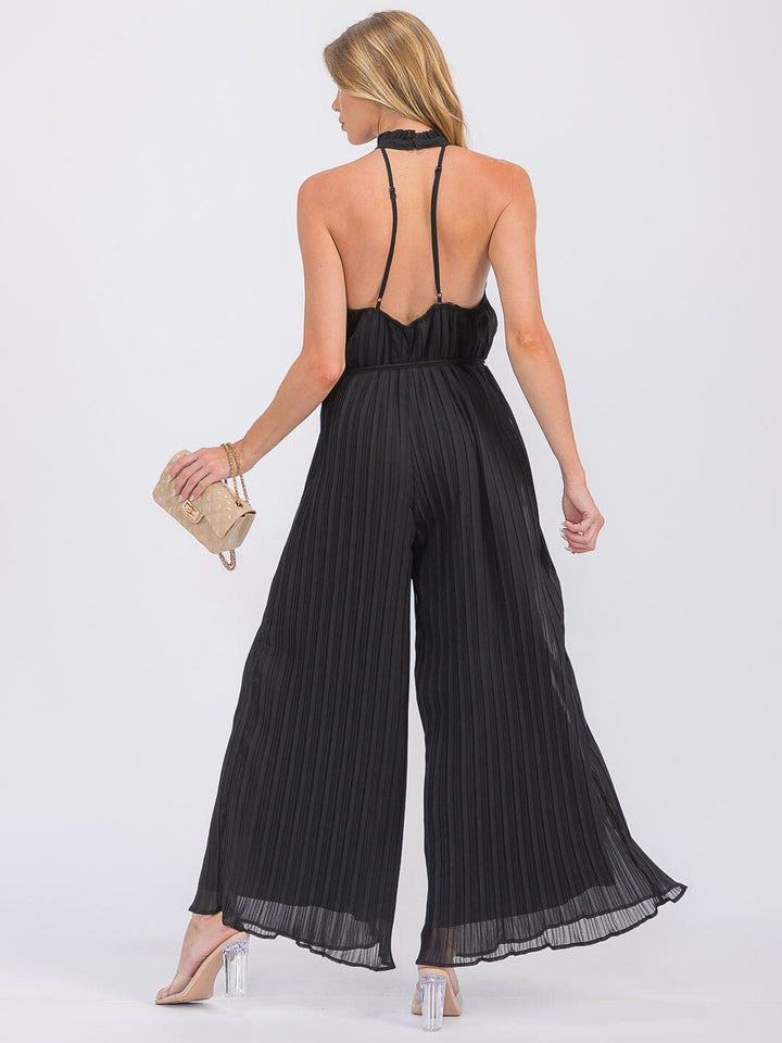 WOMEN'S SLEEVELESS HALTER NECK OPEN BACK PLEATED WIDE LEG JUMPSUIT