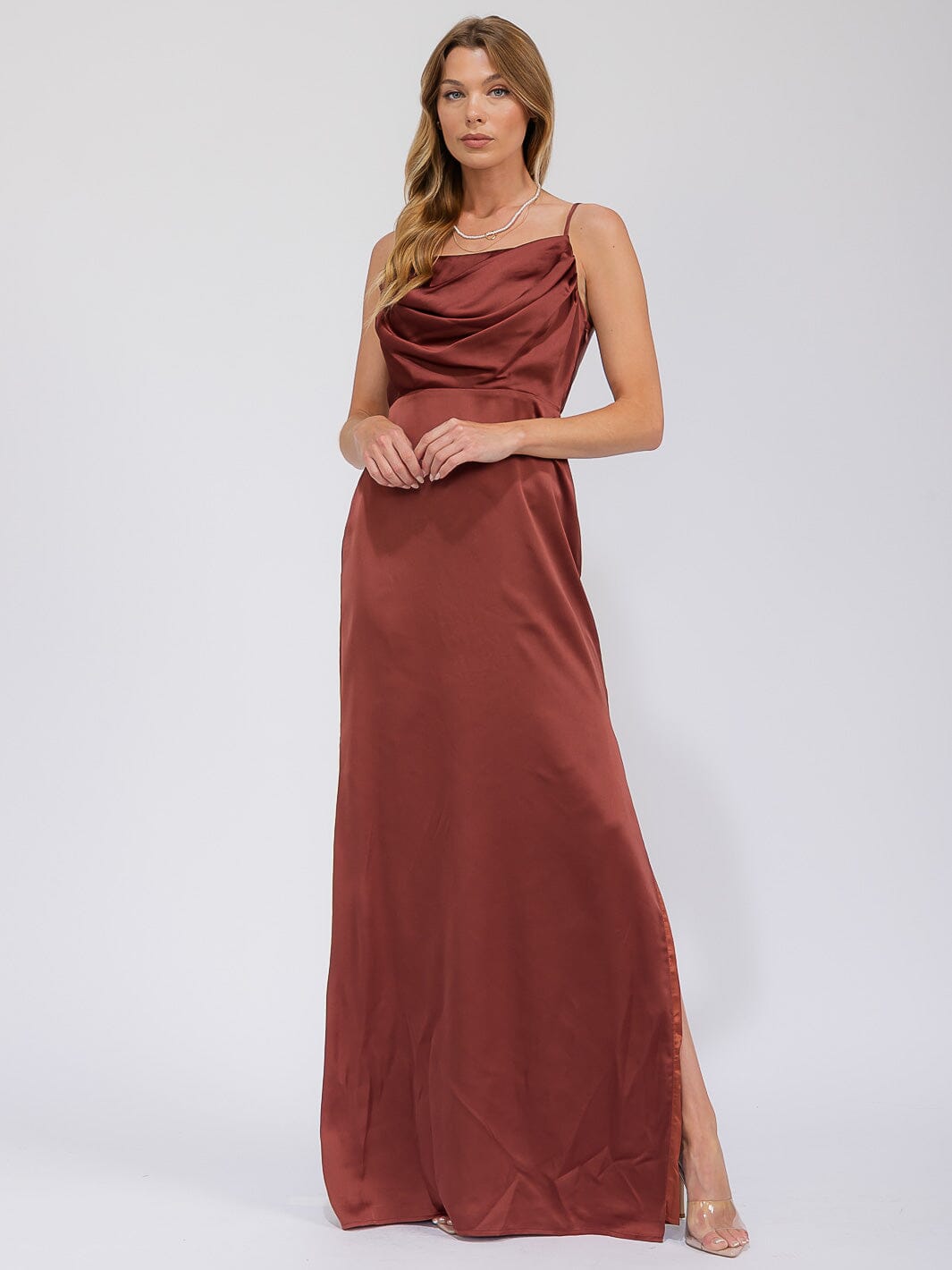 WOMEN'S SLEEVELESS COWL NECK SIDE SLIT MAXI GOWN DRESS