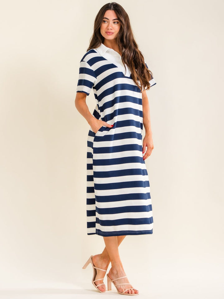 ENTRO WOMEN'S SHORT SLEEVE BUTTON UP FRONT POCKETS STRIPES MAXI DRESS