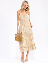 WOMEN'S SLEEVELESS SURPLICE ELASTIC WAIST FLORAL TIERED MAXI DRESS
