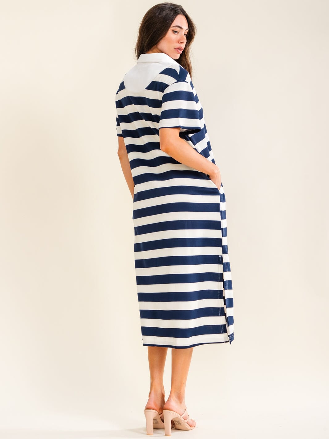 ENTRO WOMEN'S SHORT SLEEVE BUTTON UP FRONT POCKETS STRIPES MAXI DRESS