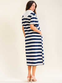 ENTRO WOMEN'S SHORT SLEEVE BUTTON UP FRONT POCKETS STRIPES MAXI DRESS