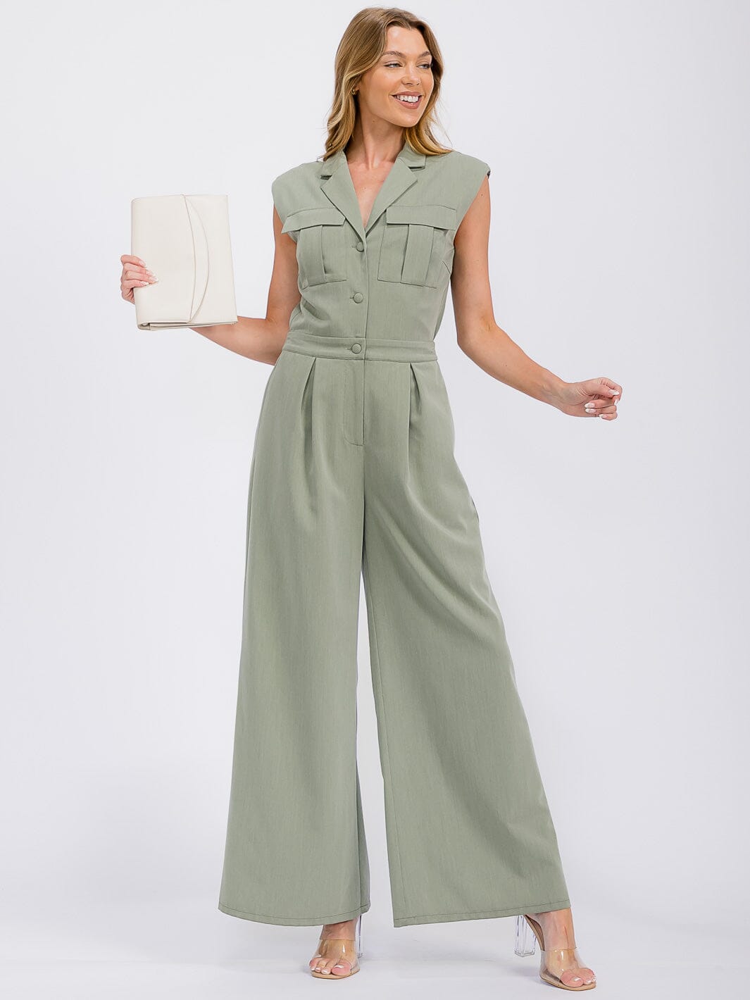 WOMEN'S SLEEVELESS BUTTON UP POCKETS WIDE LEG JUMPSUIT