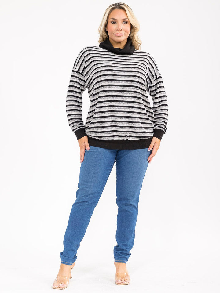 PLUS SIZE LONG SLEEVE TURTLE NECK COLORBLOCK STRIPES TOP
