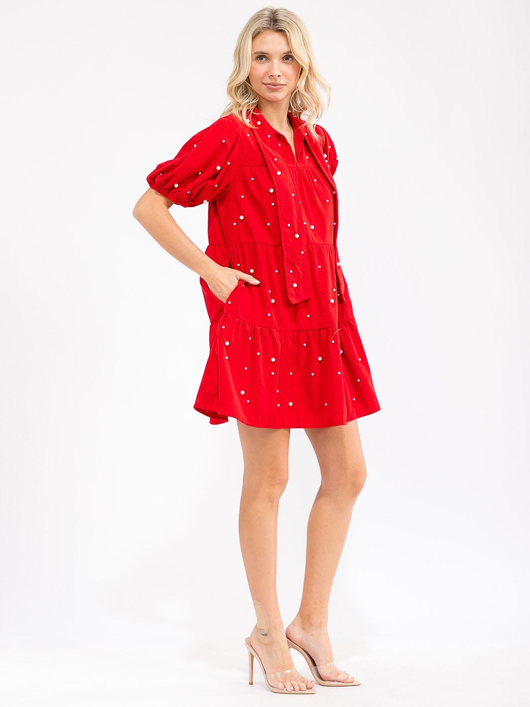 WOMEN'S SHORT SLEEVE V-NECK PEARL DETAILED TIERED CORDUROY MINI DRESS