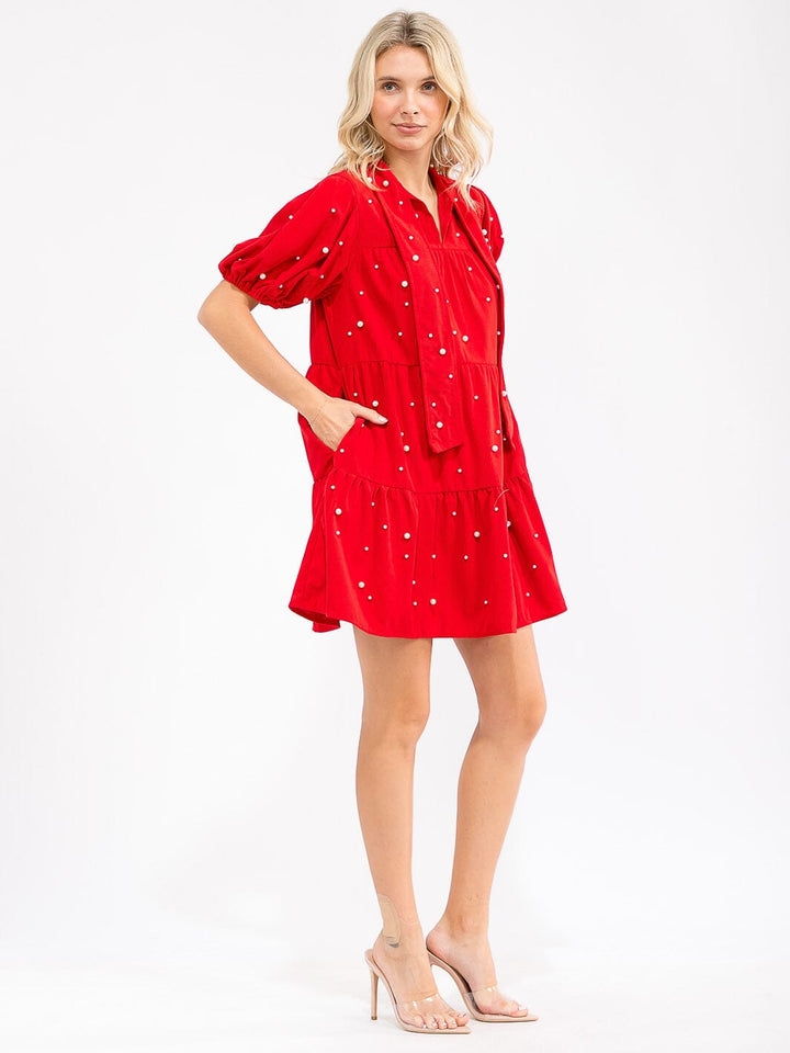 WOMEN'S SHORT SLEEVE V-NECK PEARL DETAILED TIERED CORDUROY MINI DRESS