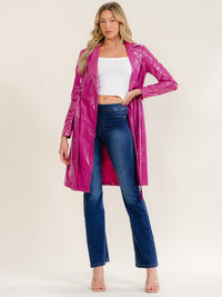 WOMEN'S LONG SLEEVE ZIPPER CLOSURE FRONT POCKETS SELF TIE PU LEATHER COAT