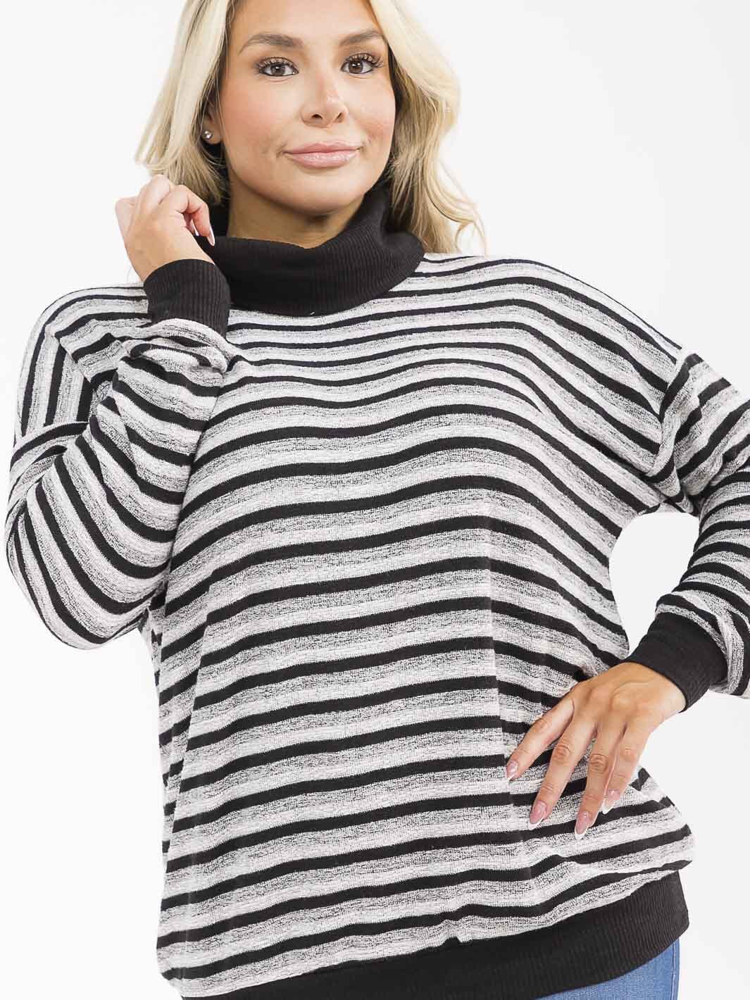 PLUS SIZE LONG SLEEVE TURTLE NECK COLORBLOCK STRIPES TOP
