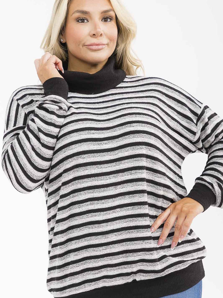 PLUS SIZE LONG SLEEVE TURTLE NECK COLORBLOCK STRIPES TOP