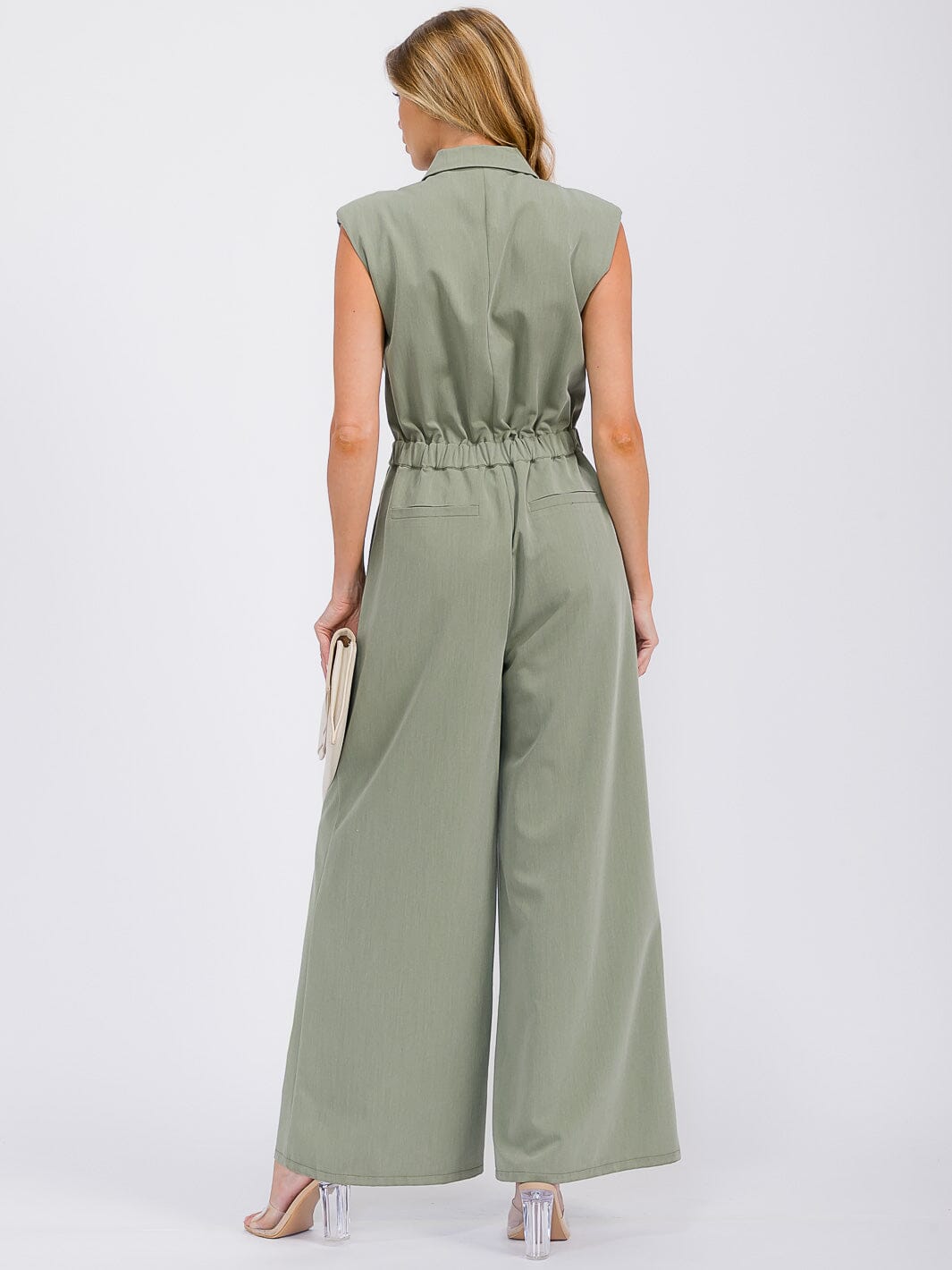 WOMEN'S SLEEVELESS BUTTON UP POCKETS WIDE LEG JUMPSUIT