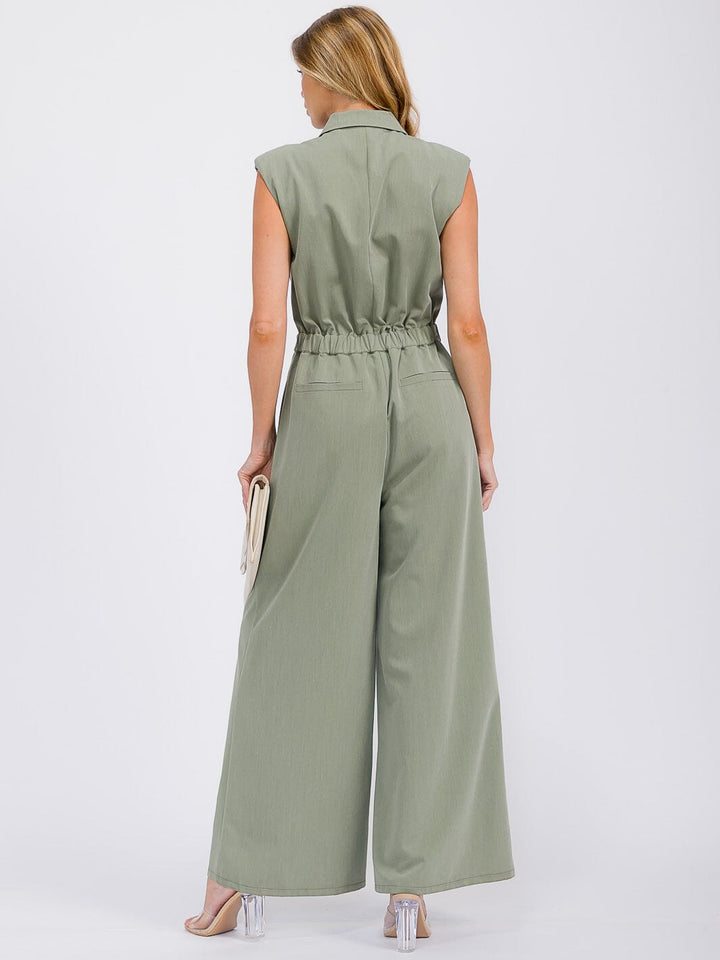 WOMEN'S SLEEVELESS BUTTON UP POCKETS WIDE LEG JUMPSUIT