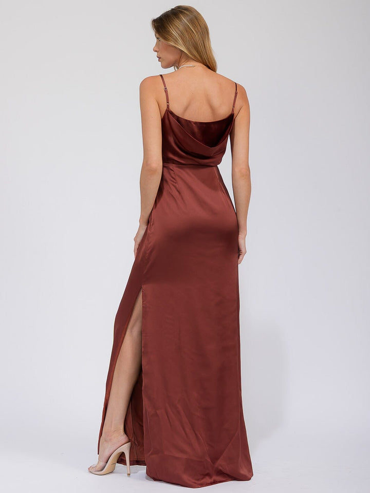 WOMEN'S SLEEVELESS COWL NECK SIDE SLIT MAXI GOWN DRESS
