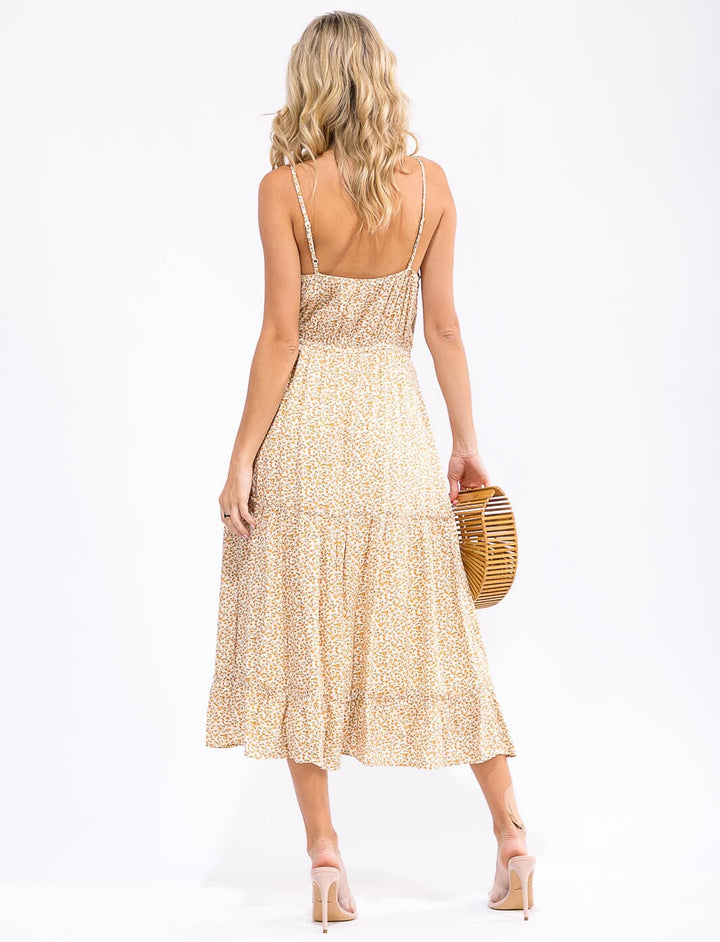 WOMEN'S SLEEVELESS SURPLICE ELASTIC WAIST FLORAL TIERED MAXI DRESS