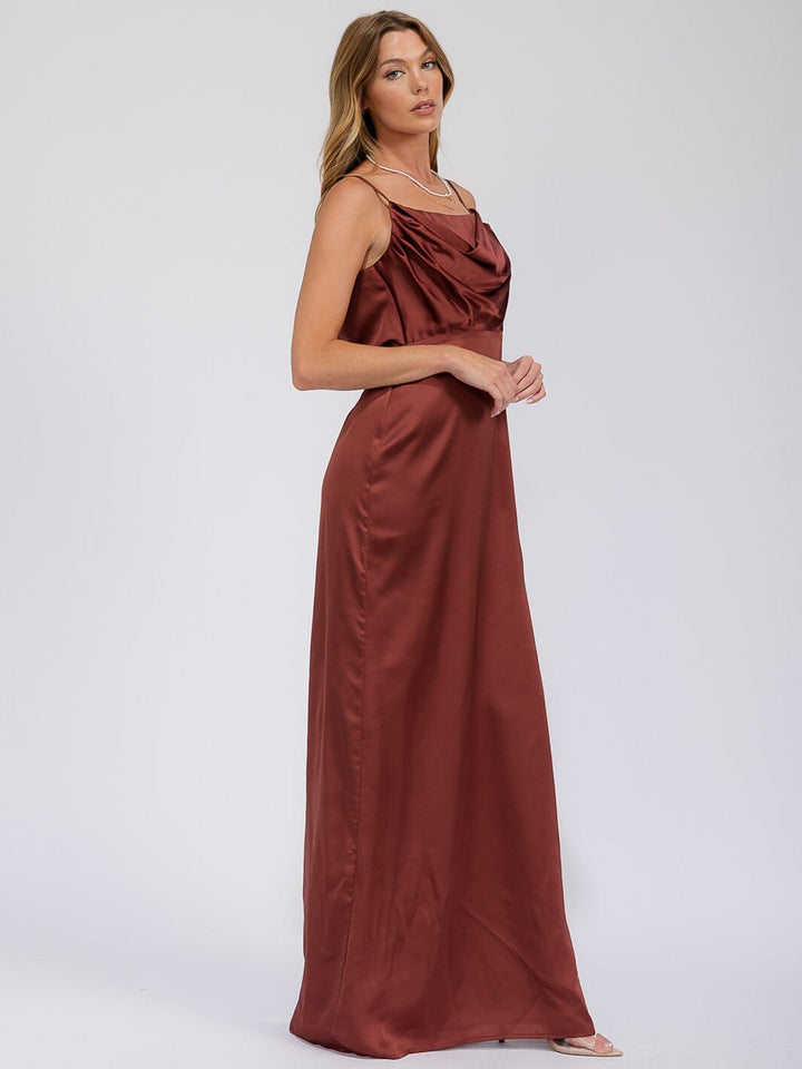 WOMEN'S SLEEVELESS COWL NECK SIDE SLIT MAXI GOWN DRESS