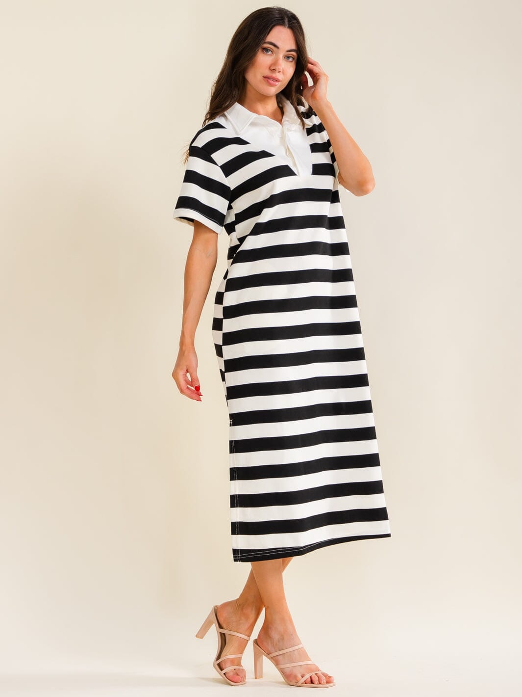 ENTRO WOMEN'S SHORT SLEEVE BUTTON UP FRONT POCKETS STRIPES MAXI DRESS
