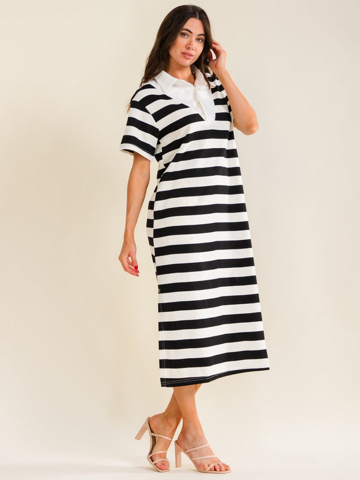 ENTRO WOMEN'S SHORT SLEEVE BUTTON UP FRONT POCKETS STRIPES MAXI DRESS