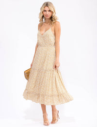 WOMEN'S SLEEVELESS SURPLICE ELASTIC WAIST FLORAL TIERED MAXI DRESS