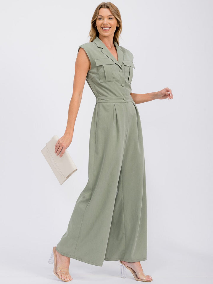WOMEN'S SLEEVELESS BUTTON UP POCKETS WIDE LEG JUMPSUIT