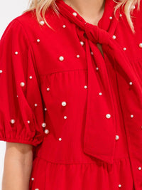 WOMEN'S SHORT SLEEVE V-NECK PEARL DETAILED TIERED CORDUROY MINI DRESS