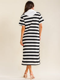 ENTRO WOMEN'S SHORT SLEEVE BUTTON UP FRONT POCKETS STRIPES MAXI DRESS