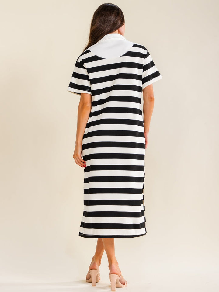 ENTRO WOMEN'S SHORT SLEEVE BUTTON UP FRONT POCKETS STRIPES MAXI DRESS