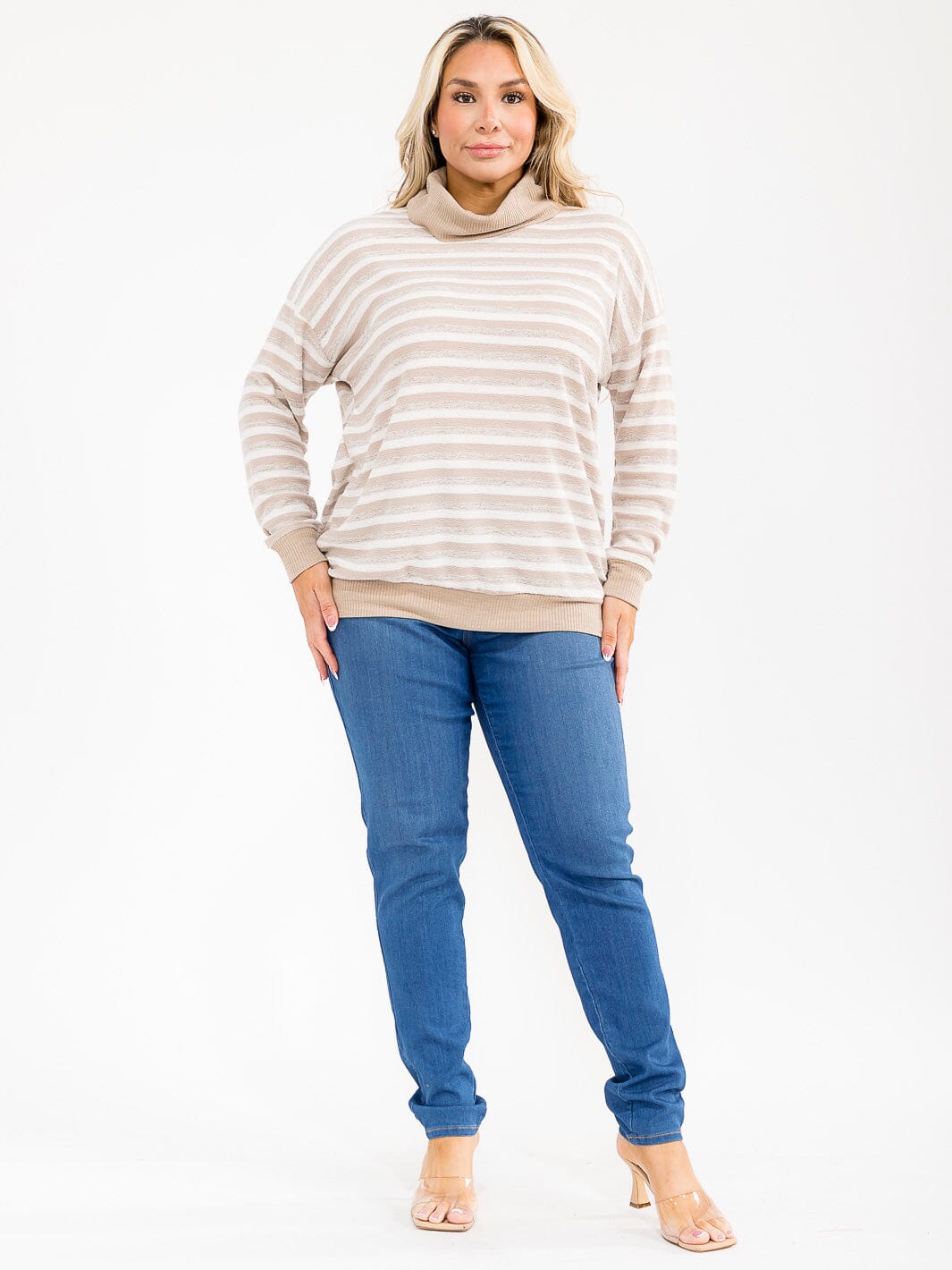 PLUS SIZE LONG SLEEVE TURTLE NECK COLORBLOCK STRIPES TOP