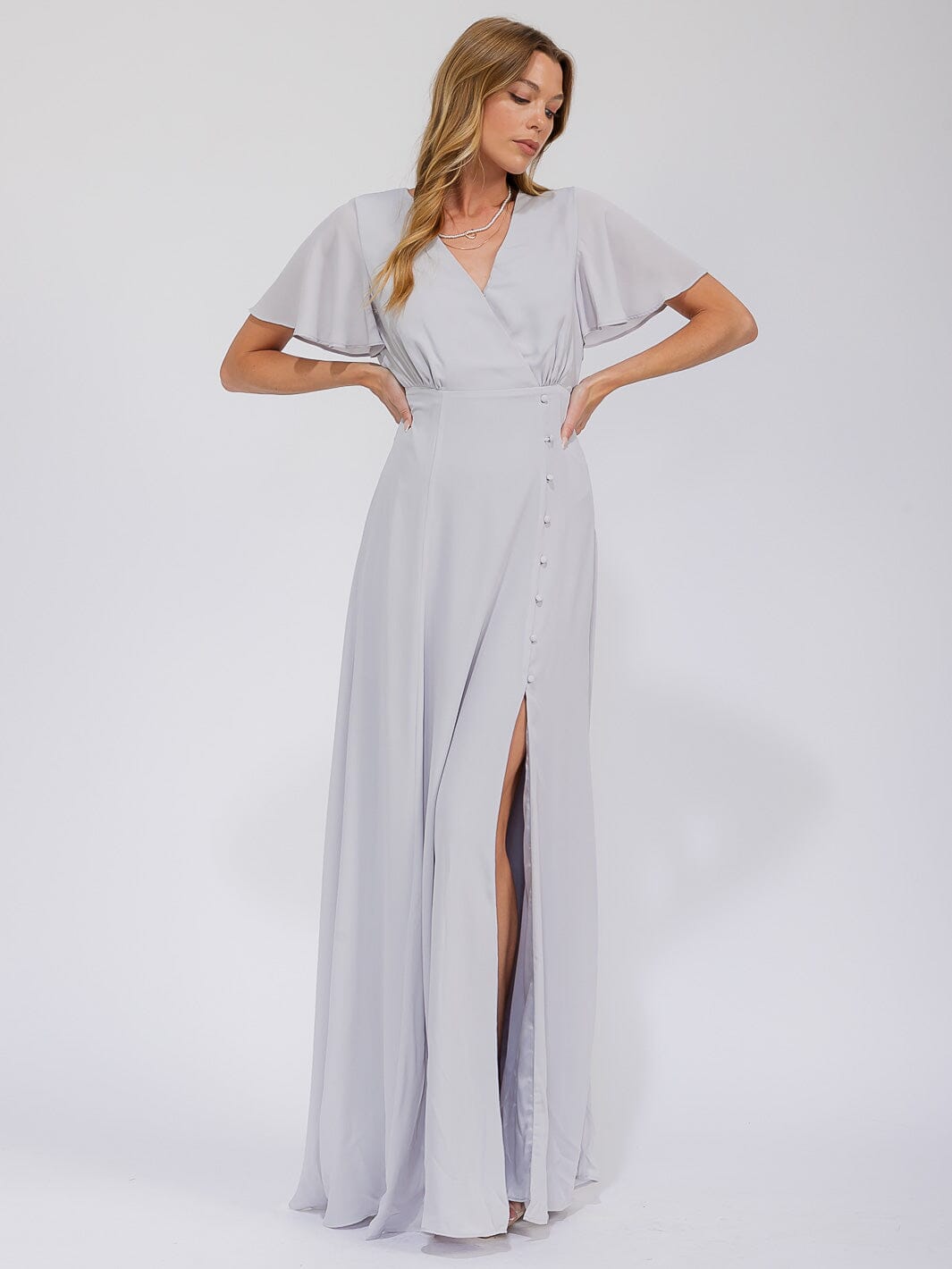 WOMEN'S SHORT SLEEVE SURPLICE FRONT SLIT MAXI GOWN DRESS
