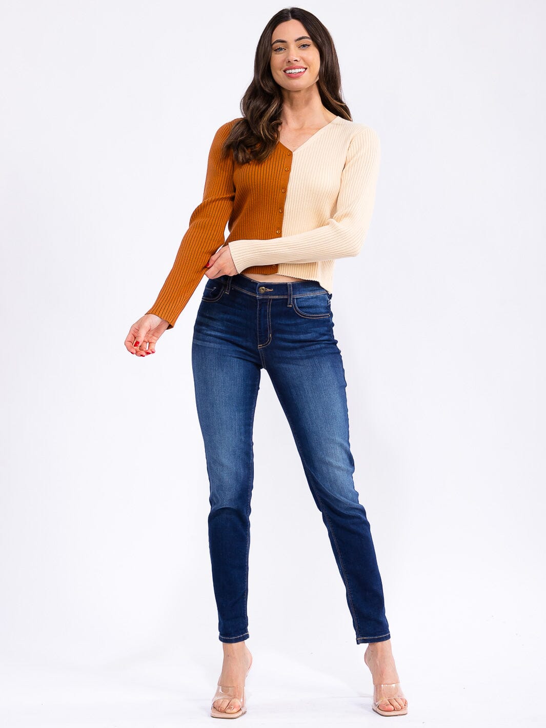 WOMEN'S LONG SLEEVE V-NECK BUTTON UP COLORBLOCK RIBBED TOP