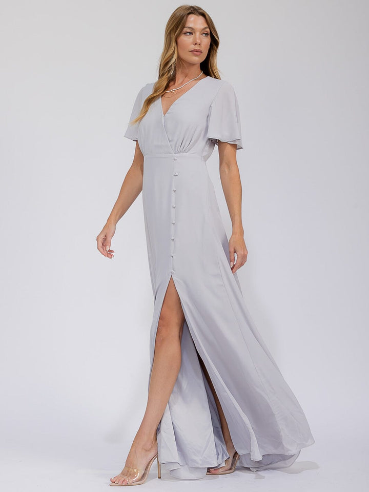 WOMEN'S SHORT SLEEVE SURPLICE FRONT SLIT MAXI GOWN DRESS
