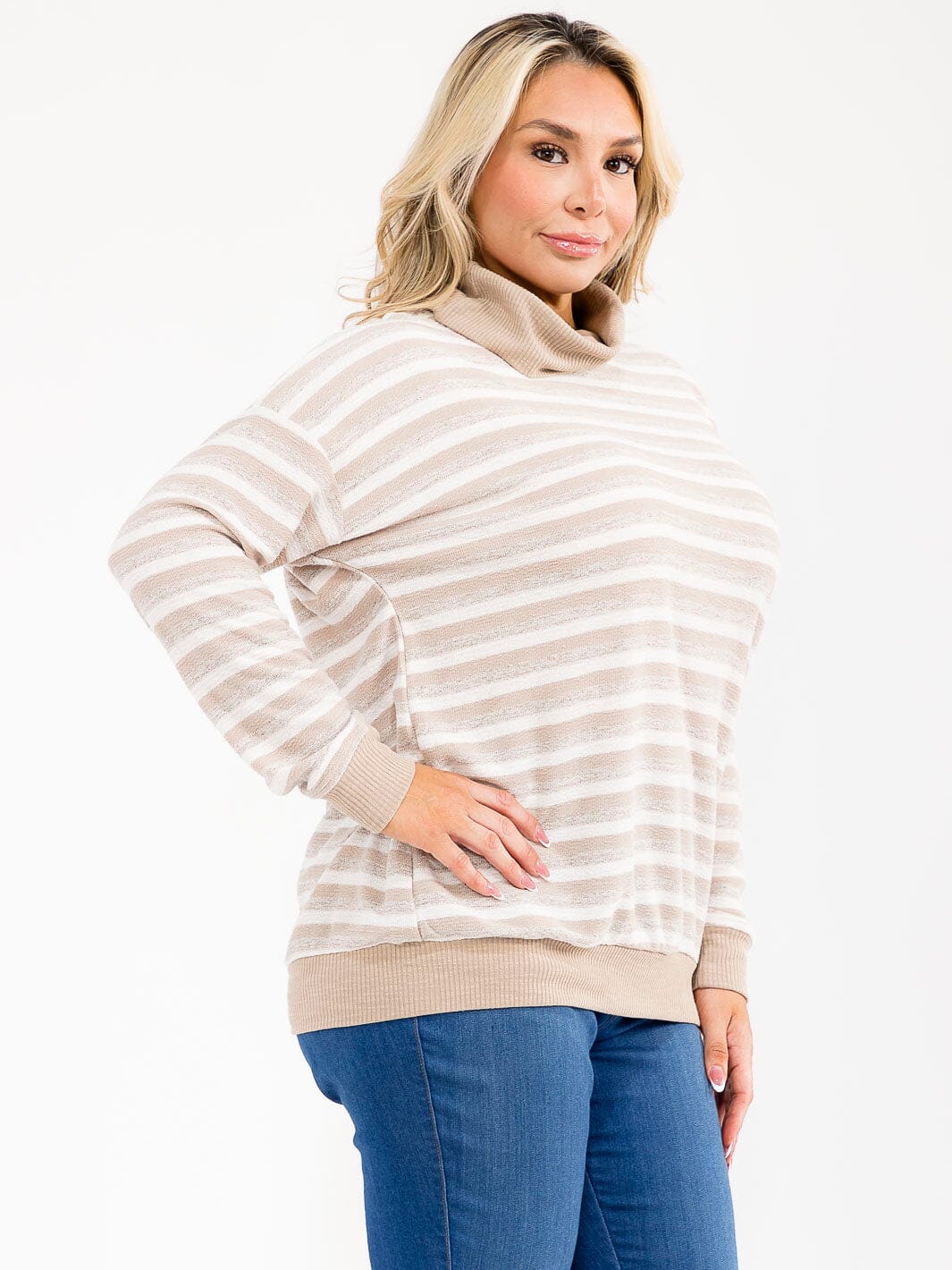 PLUS SIZE LONG SLEEVE TURTLE NECK COLORBLOCK STRIPES TOP