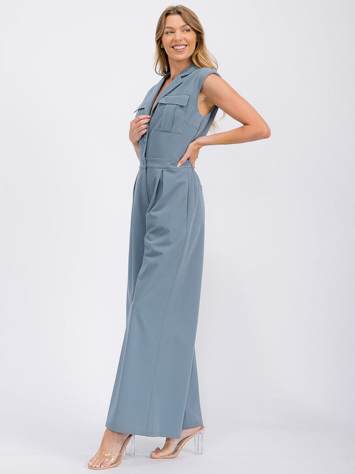 WOMEN'S SLEEVELESS BUTTON UP POCKETS WIDE LEG JUMPSUIT