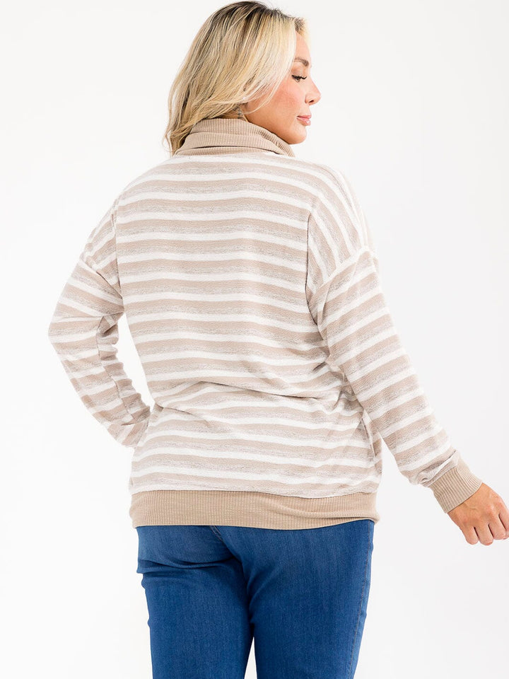PLUS SIZE LONG SLEEVE TURTLE NECK COLORBLOCK STRIPES TOP