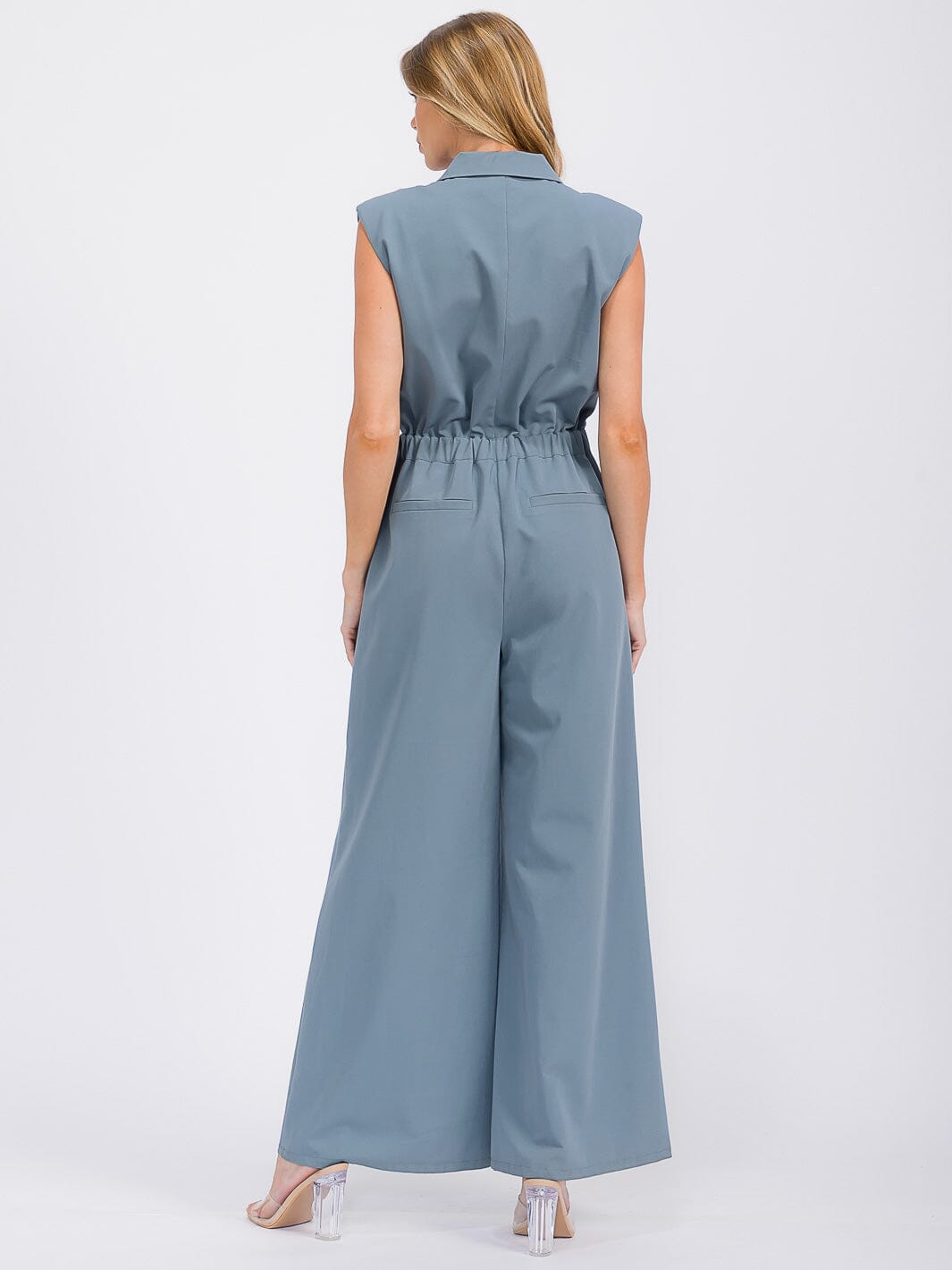WOMEN'S SLEEVELESS BUTTON UP POCKETS WIDE LEG JUMPSUIT