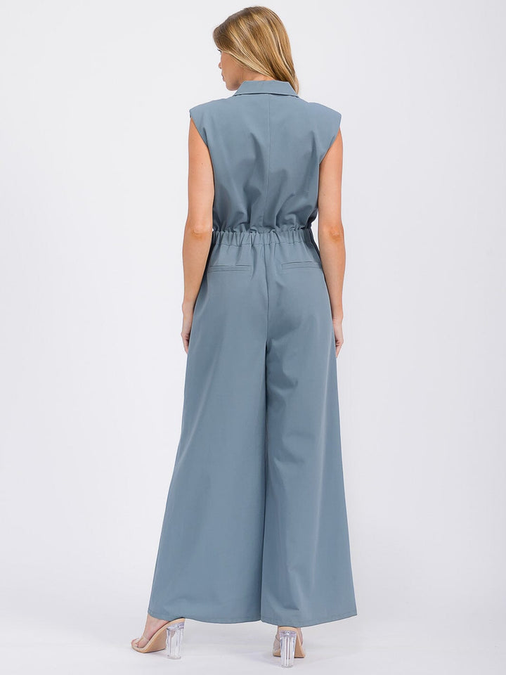 WOMEN'S SLEEVELESS BUTTON UP POCKETS WIDE LEG JUMPSUIT