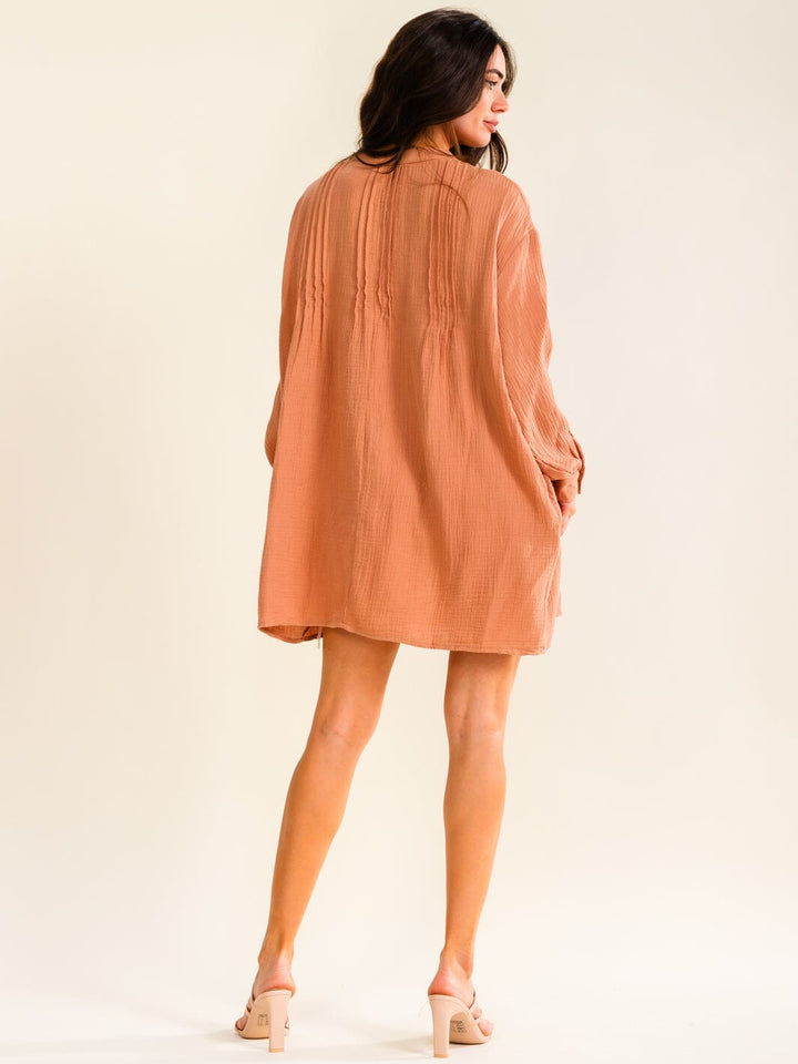 ENTRO WOMEN'S LONG SLEEVE V-NECK BUTTON UP FRONT POCKETS LOOSE FIT MINI DRESS