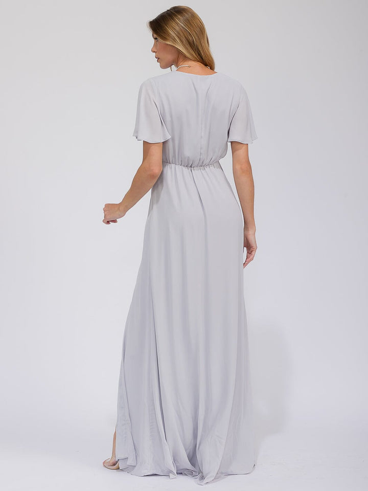 WOMEN'S SHORT SLEEVE SURPLICE FRONT SLIT MAXI GOWN DRESS
