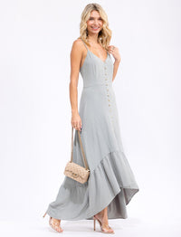 WOMEN'S SLEEVELESS V-NECK BUTTON CLOSURE HIGH-LOW MAXI DRESS