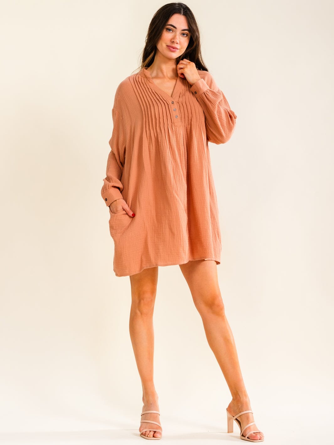 ENTRO WOMEN'S LONG SLEEVE V-NECK BUTTON UP FRONT POCKETS LOOSE FIT MINI DRESS