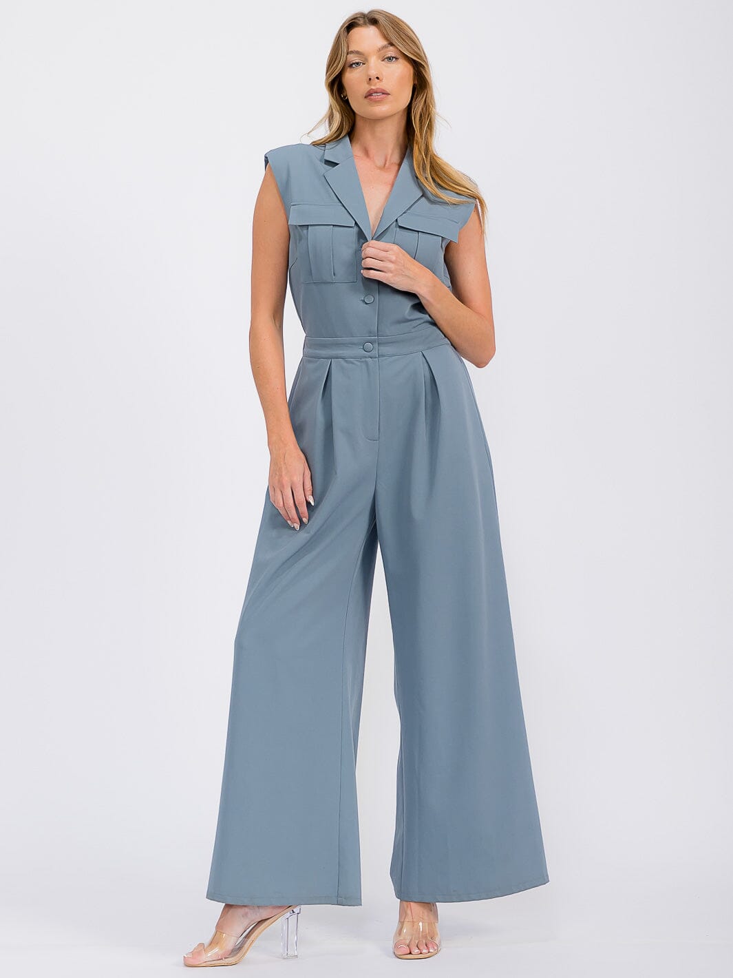 WOMEN'S SLEEVELESS BUTTON UP POCKETS WIDE LEG JUMPSUIT