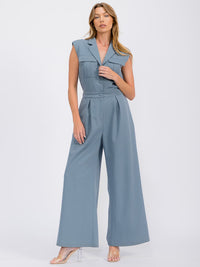 WOMEN'S SLEEVELESS BUTTON UP POCKETS WIDE LEG JUMPSUIT