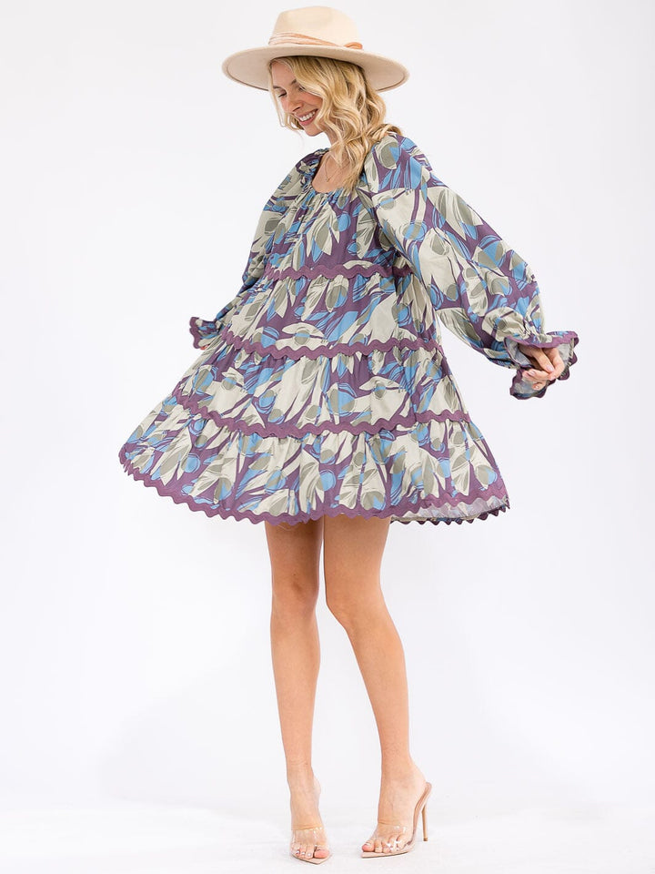 WOMEN'S LONG SLEEVE POCKETS TIERED PRINTED LOOSE FIT MINI DRESS