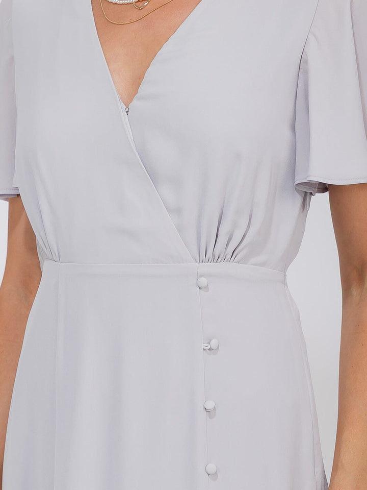 WOMEN'S SHORT SLEEVE SURPLICE FRONT SLIT MAXI GOWN DRESS