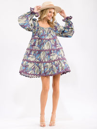 WOMEN'S LONG SLEEVE POCKETS TIERED PRINTED LOOSE FIT MINI DRESS