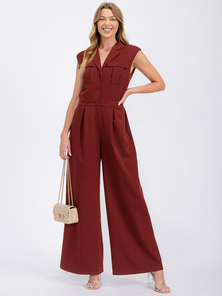 WOMEN'S SLEEVELESS BUTTON UP POCKETS WIDE LEG JUMPSUIT