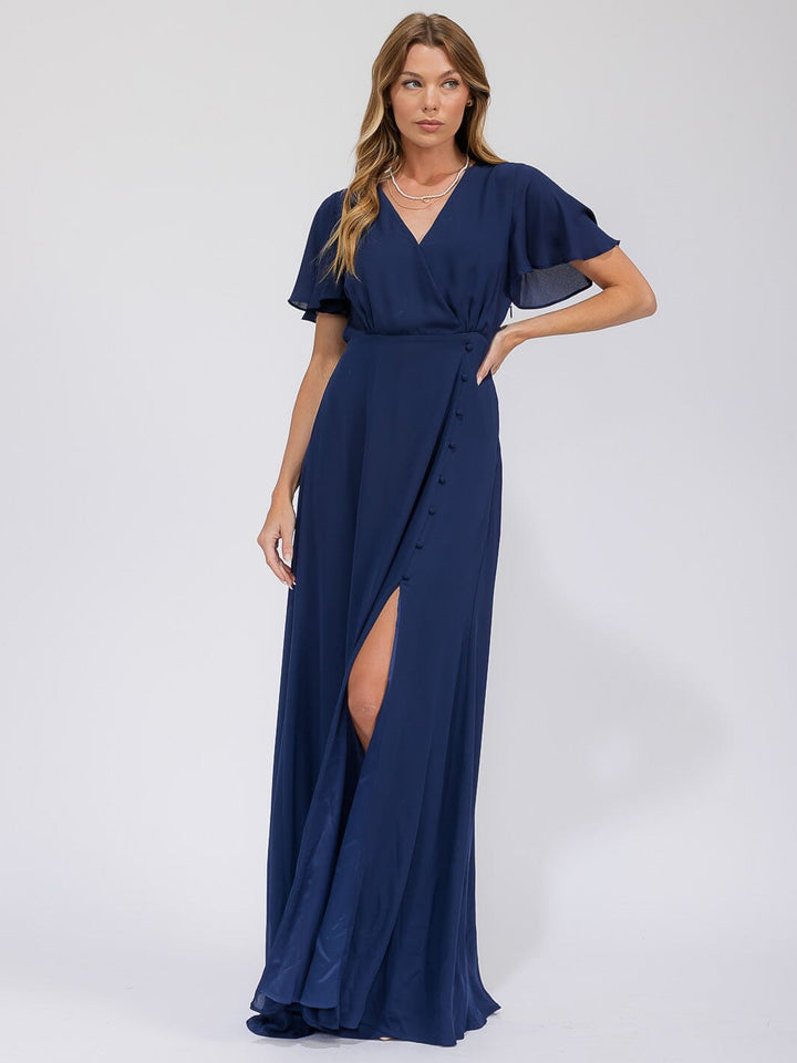 WOMEN'S SHORT SLEEVE SURPLICE FRONT SLIT MAXI GOWN DRESS