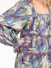 WOMEN'S LONG SLEEVE POCKETS TIERED PRINTED LOOSE FIT MINI DRESS